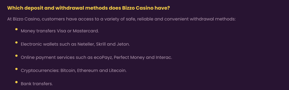 Withdrawal Methods Bizzo Casino